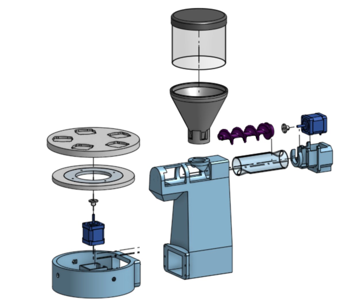 Exploded CAD view of the EasyPour assembly, showing the hopper, auger, motor, and lazy susan