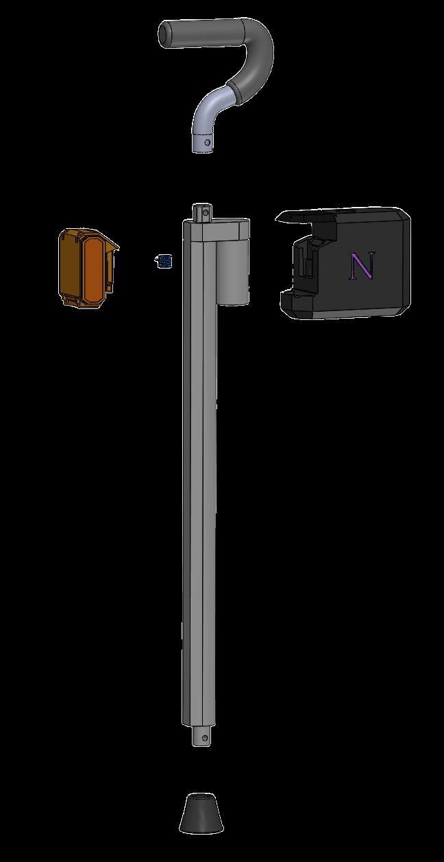Exploded CAD view of the walking stick assembly